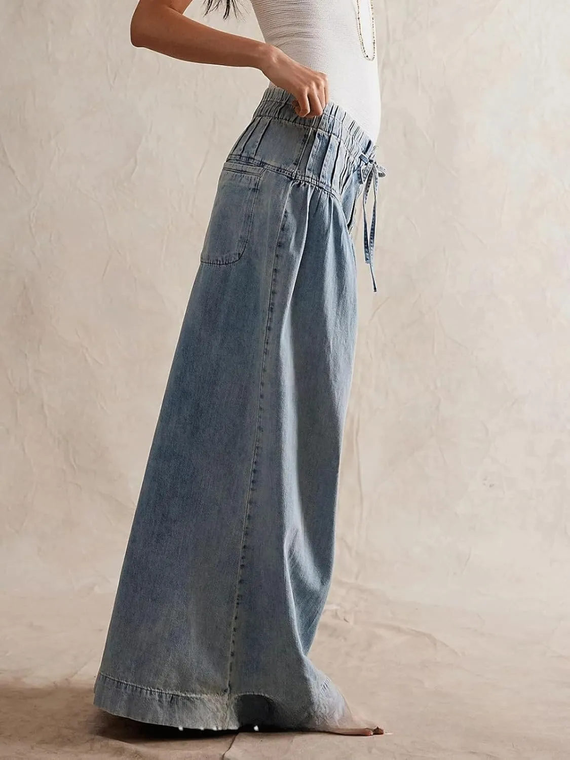 CHARTOU Women's Baggy Wide Leg Denim Pants Drawstring Midi Waisted Flare Jeans Ruffle Pleated Button Jeans