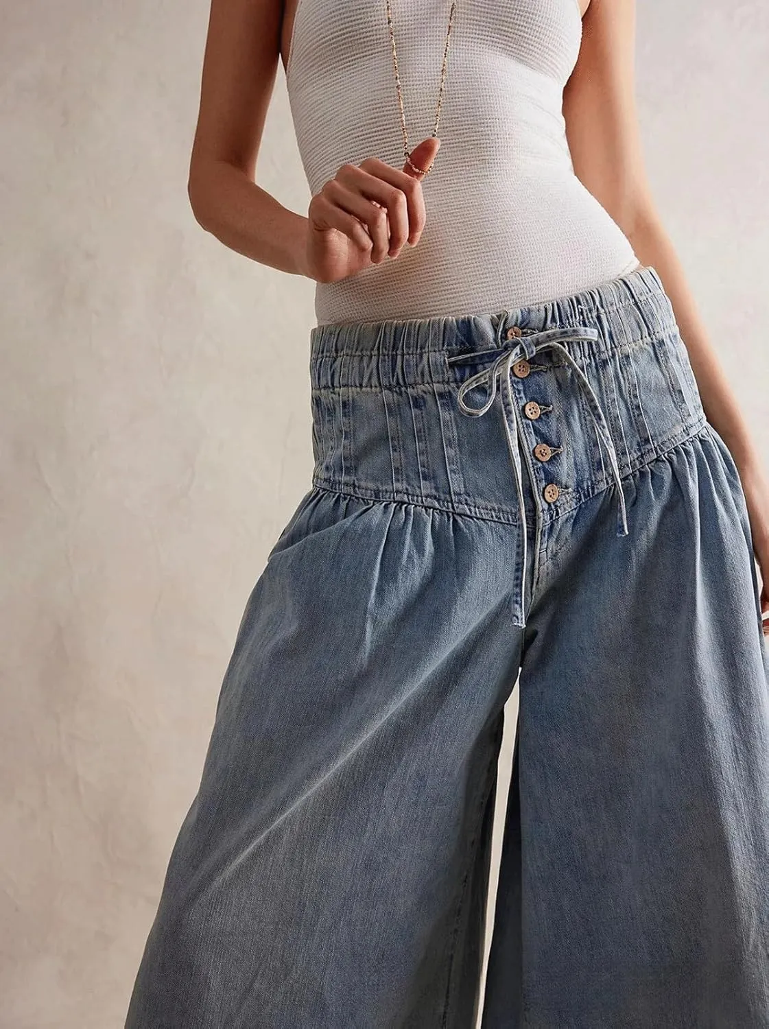 CHARTOU Women's Baggy Wide Leg Denim Pants Drawstring Midi Waisted Flare Jeans Ruffle Pleated Button Jeans