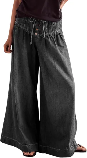 CHARTOU Women's Baggy Wide Leg Denim Pants Drawstring Midi Waisted Flare Jeans Ruffle Pleated Button Jeans