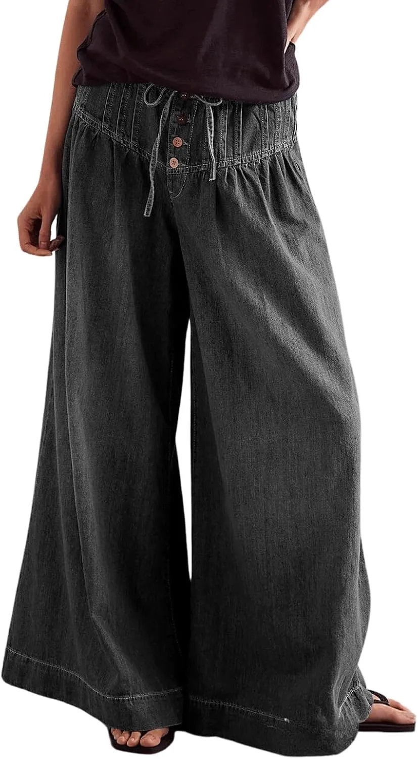 CHARTOU Women's Baggy Wide Leg Denim Pants Drawstring Midi Waisted Flare Jeans Ruffle Pleated Button Jeans