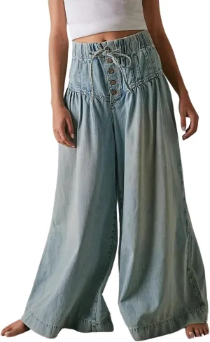 CHARTOU Women's Baggy Wide Leg Denim Pants Drawstring Midi Waisted Flare Jeans Ruffle Pleated Button Jeans