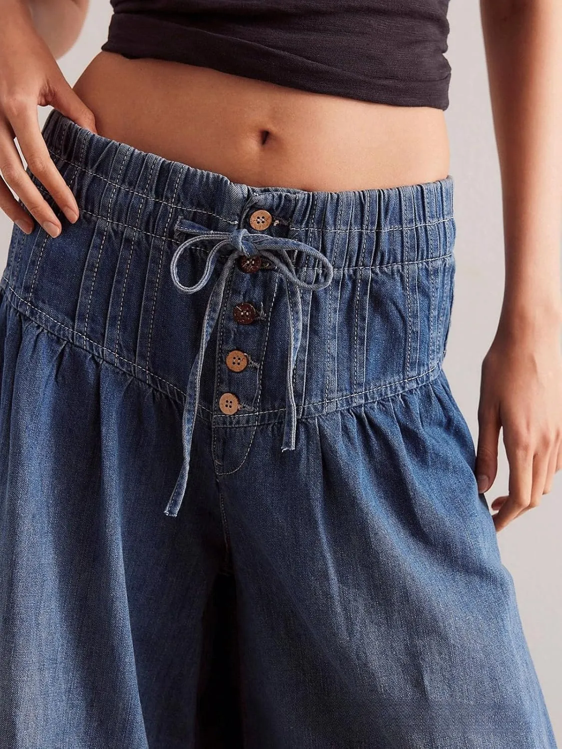 CHARTOU Women's Baggy Wide Leg Denim Pants Drawstring Midi Waisted Flare Jeans Ruffle Pleated Button Jeans