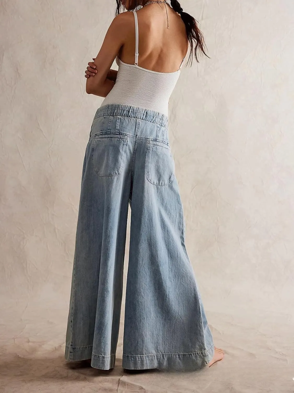 CHARTOU Women's Baggy Wide Leg Denim Pants Drawstring Midi Waisted Flare Jeans Ruffle Pleated Button Jeans