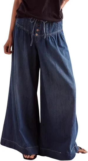 CHARTOU Women's Baggy Wide Leg Denim Pants Drawstring Midi Waisted Flare Jeans Ruffle Pleated Button Jeans