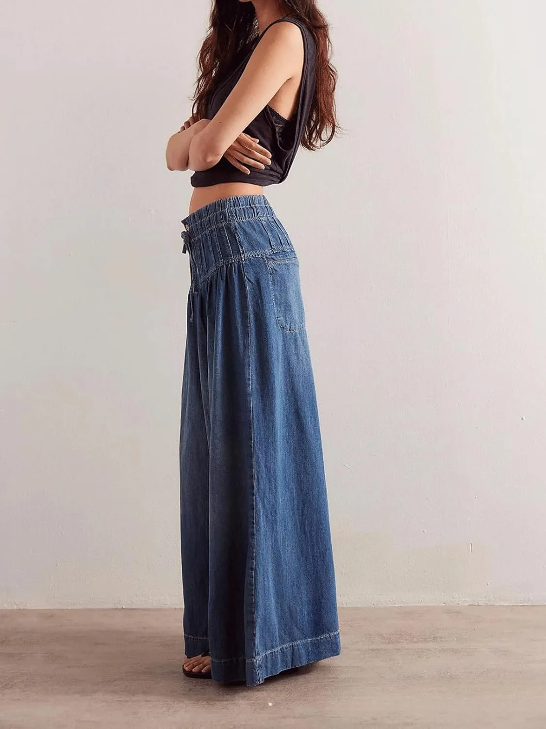 CHARTOU Women's Baggy Wide Leg Denim Pants Drawstring Midi Waisted Flare Jeans Ruffle Pleated Button Jeans