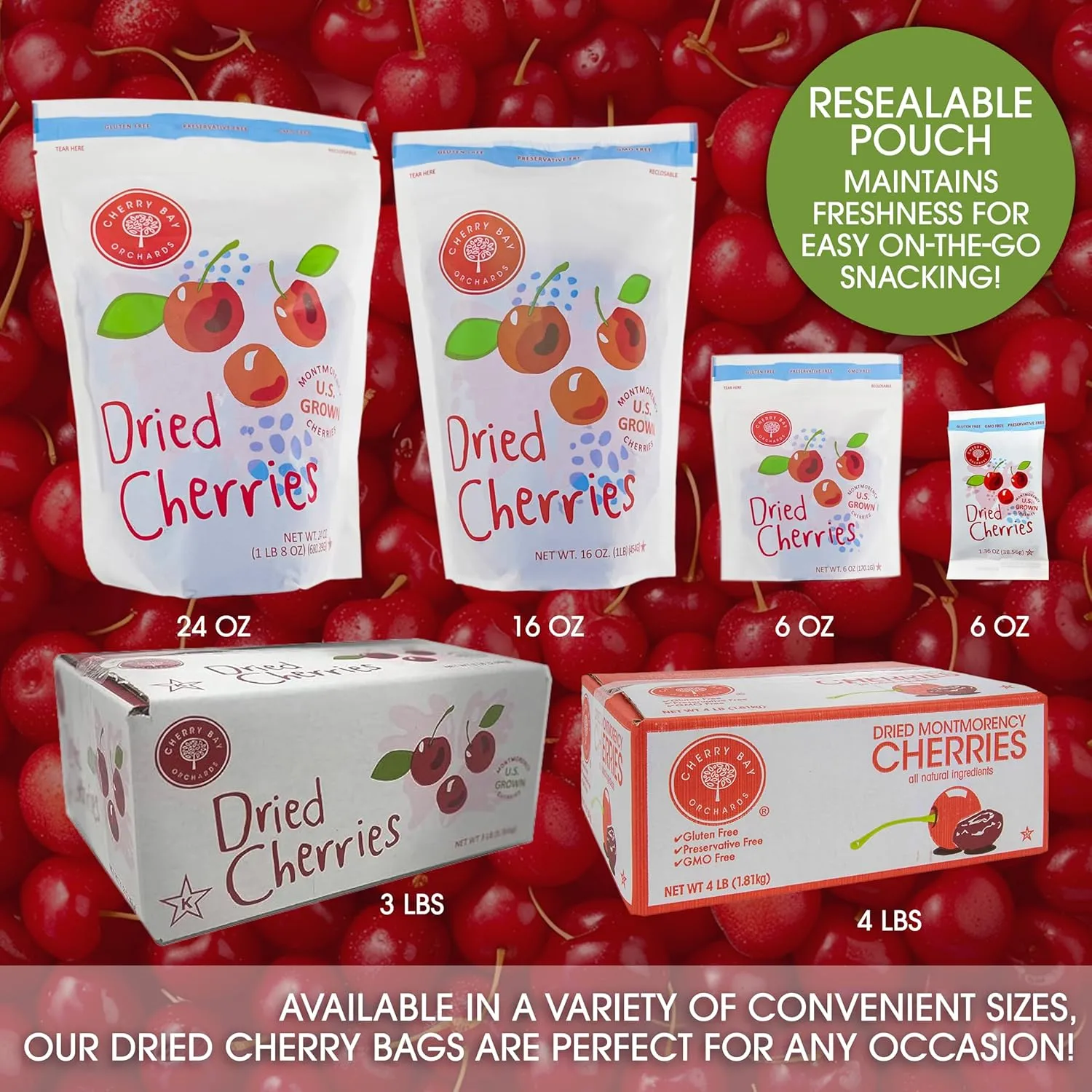 Cherry Bay Orchards - Dried Montmorency Tart Cherries - Pack of Two 16 oz Bags (32oz Total) - 100% Domestic, Natural, Kosher Certified, Gluten-Free, and GMO Free - Packed in a Resealable Pouch