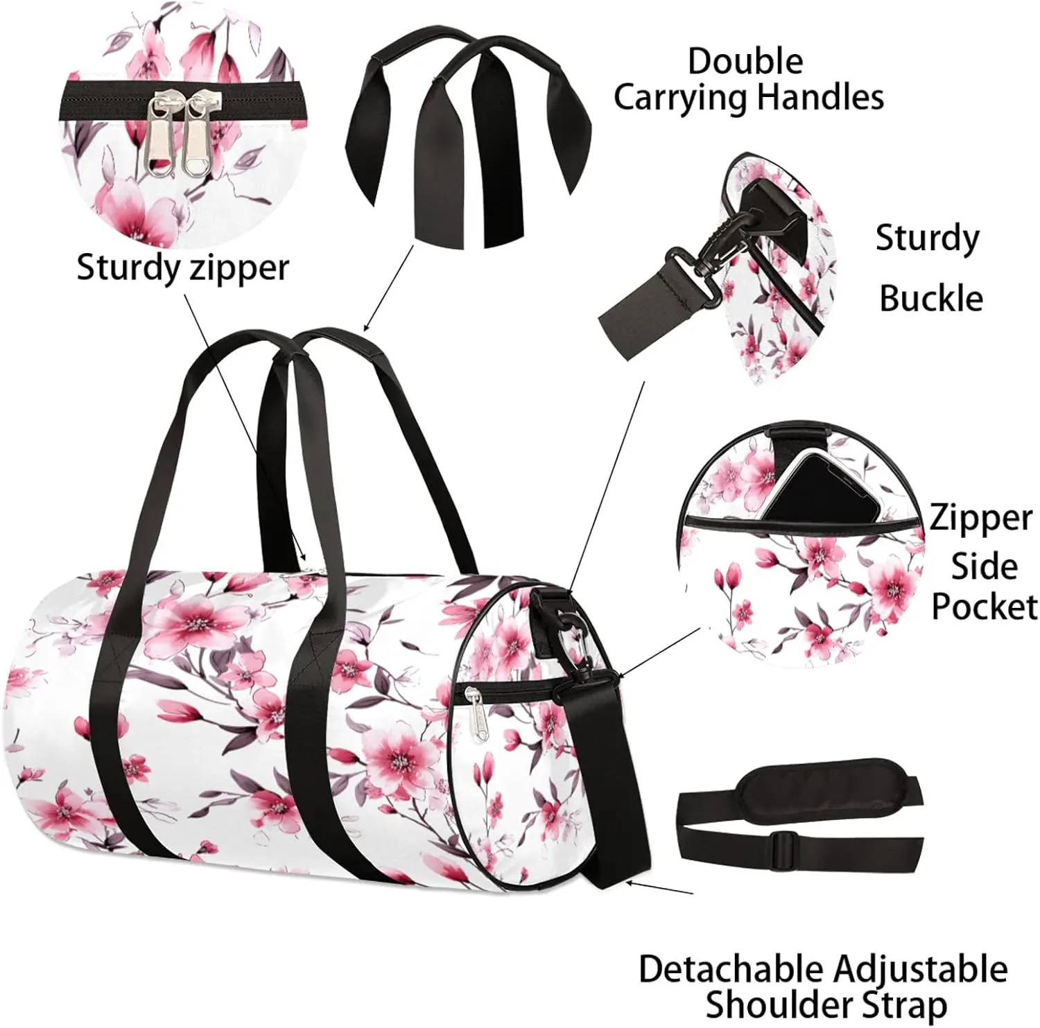 Cherry Blossom Flowers Pattern Sports Gym Bag for Men Women Lightweight Travel Duffle Bag with Shoulder Strap Waterproof Carry On Weekender Overnight Bag for Travel Sports Gym