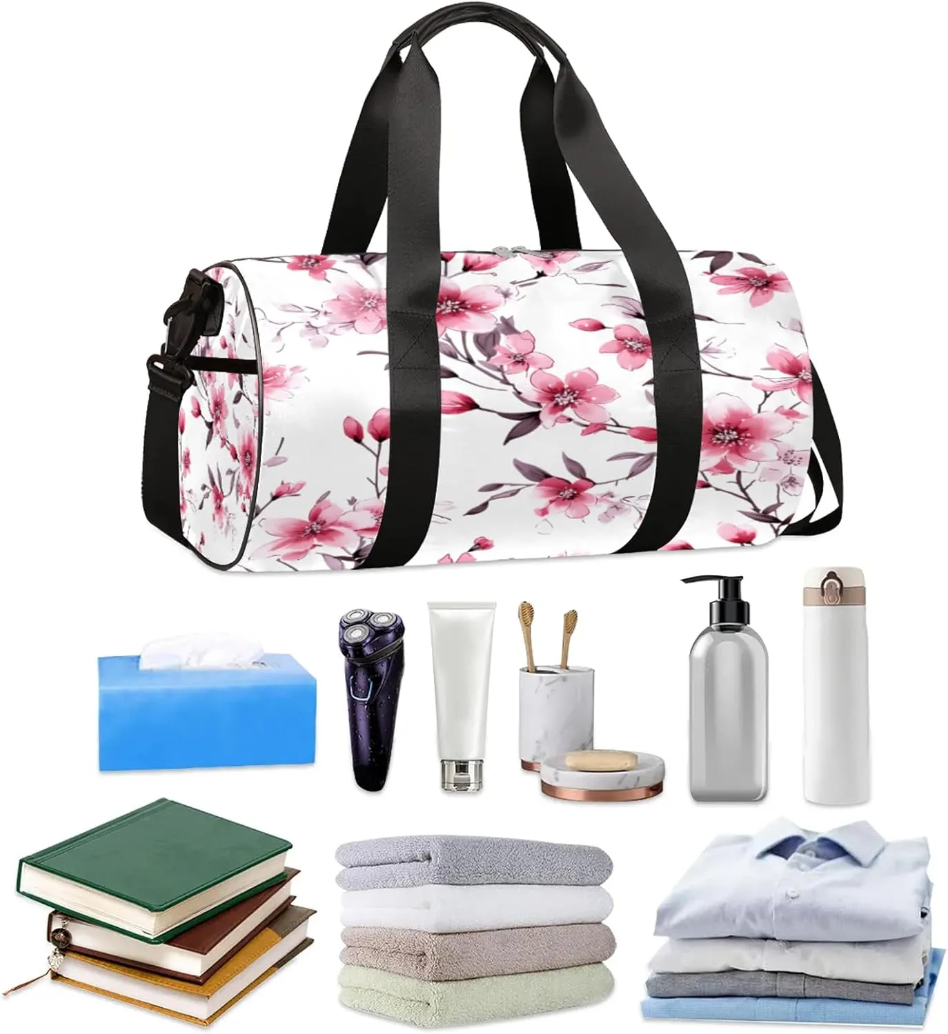 Cherry Blossom Flowers Pattern Sports Gym Bag for Men Women Lightweight Travel Duffle Bag with Shoulder Strap Waterproof Carry On Weekender Overnight Bag for Travel Sports Gym