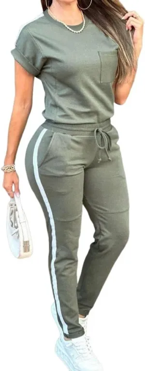 CHICME 2 Pieces Outfits for Women Summer Short Sleeve Tops and Striped Print Sweatpants with Pockets