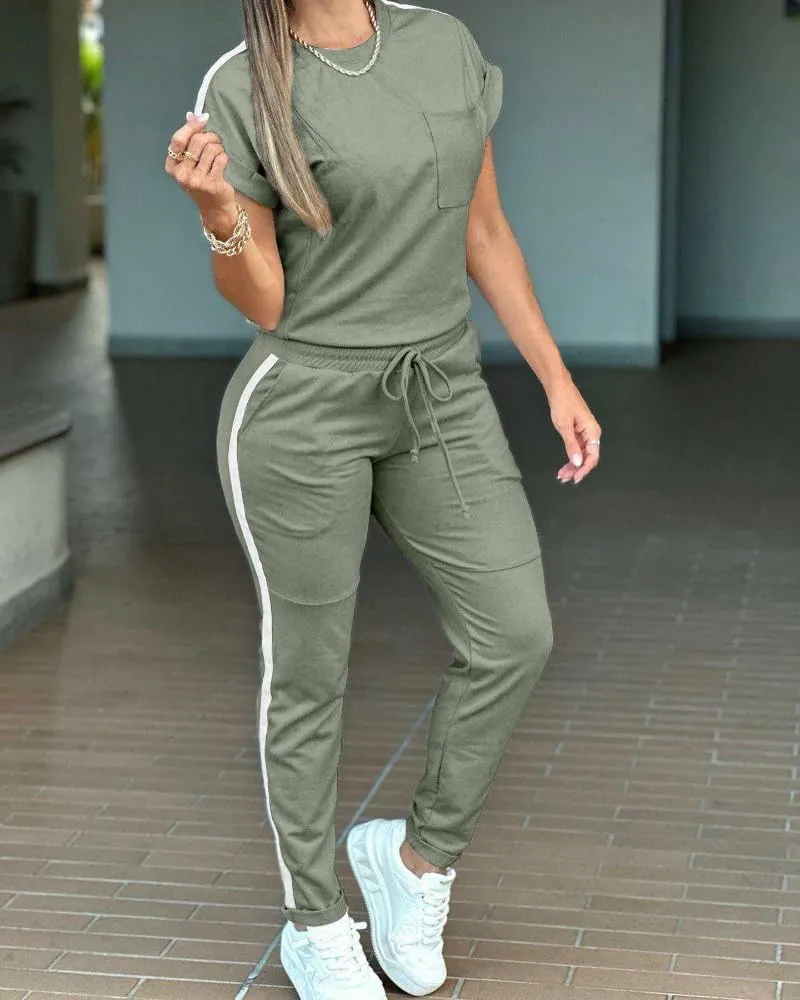 CHICME 2 Pieces Outfits for Women Summer Short Sleeve Tops and Striped Print Sweatpants with Pockets