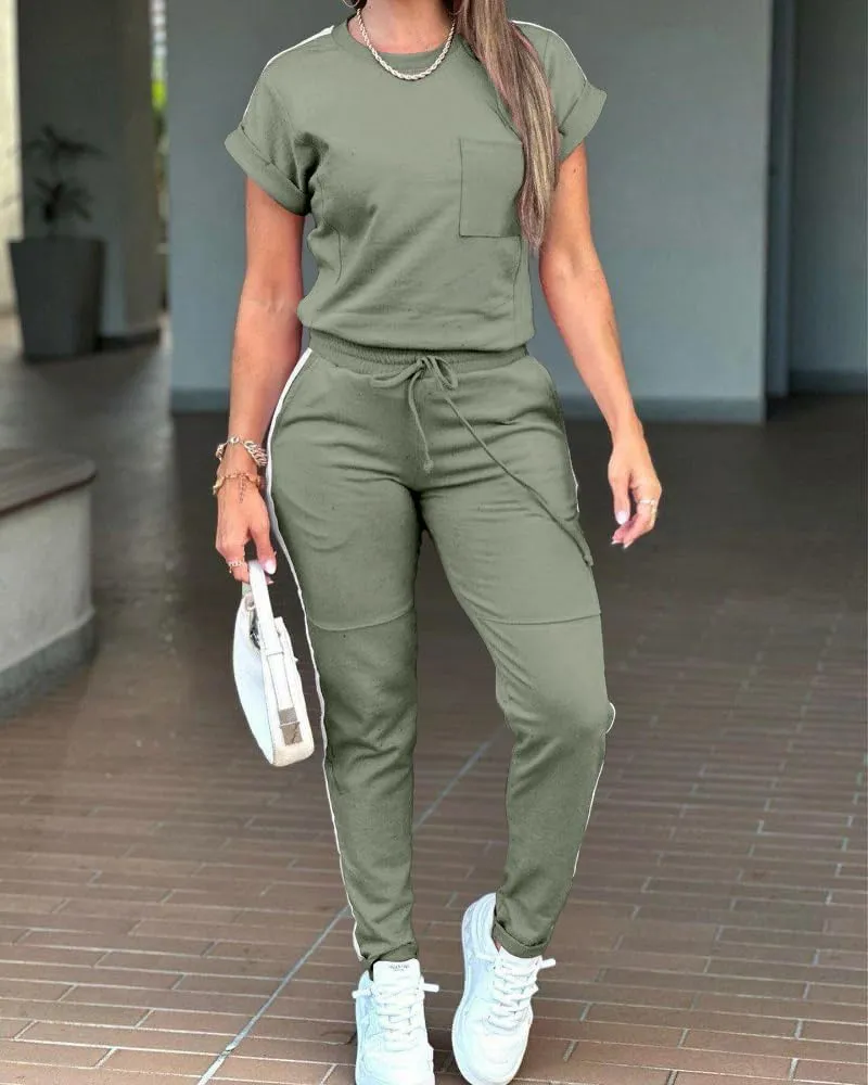 CHICME 2 Pieces Outfits for Women Summer Short Sleeve Tops and Striped Print Sweatpants with Pockets
