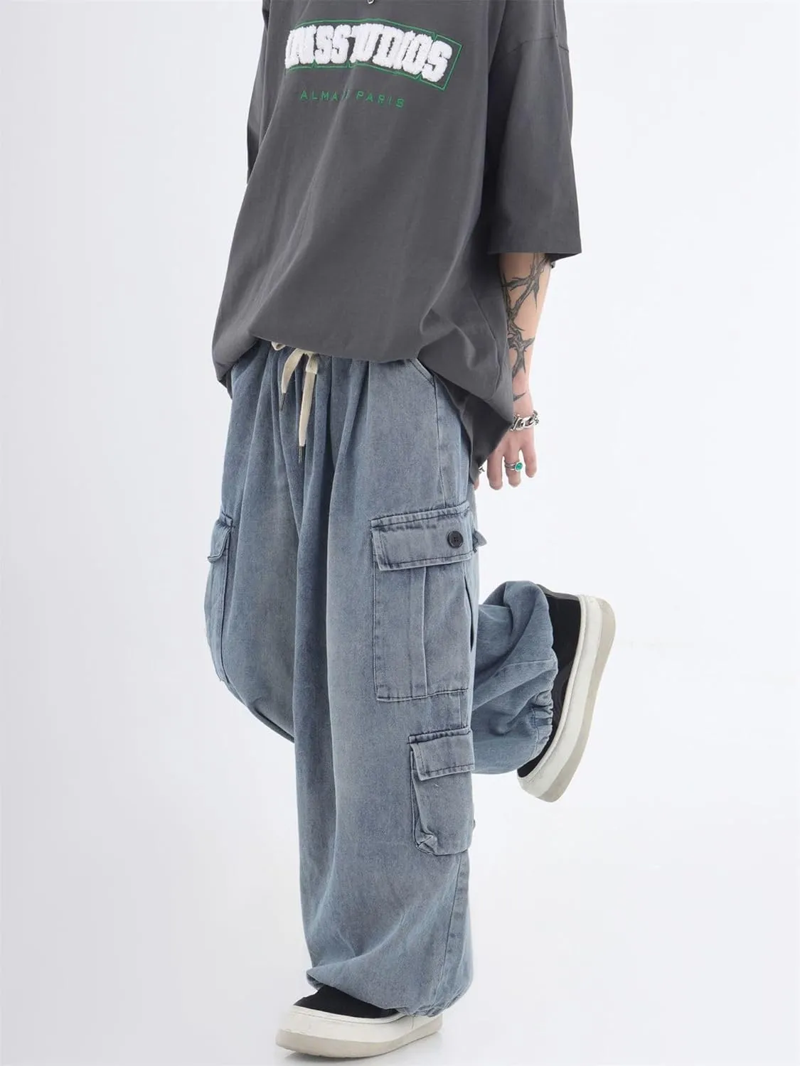 chouyatou Men's Wide Leg Baggy Denim Pants Drawstring Elastic Waist Y2k Street Cargo Jeans with Pockets