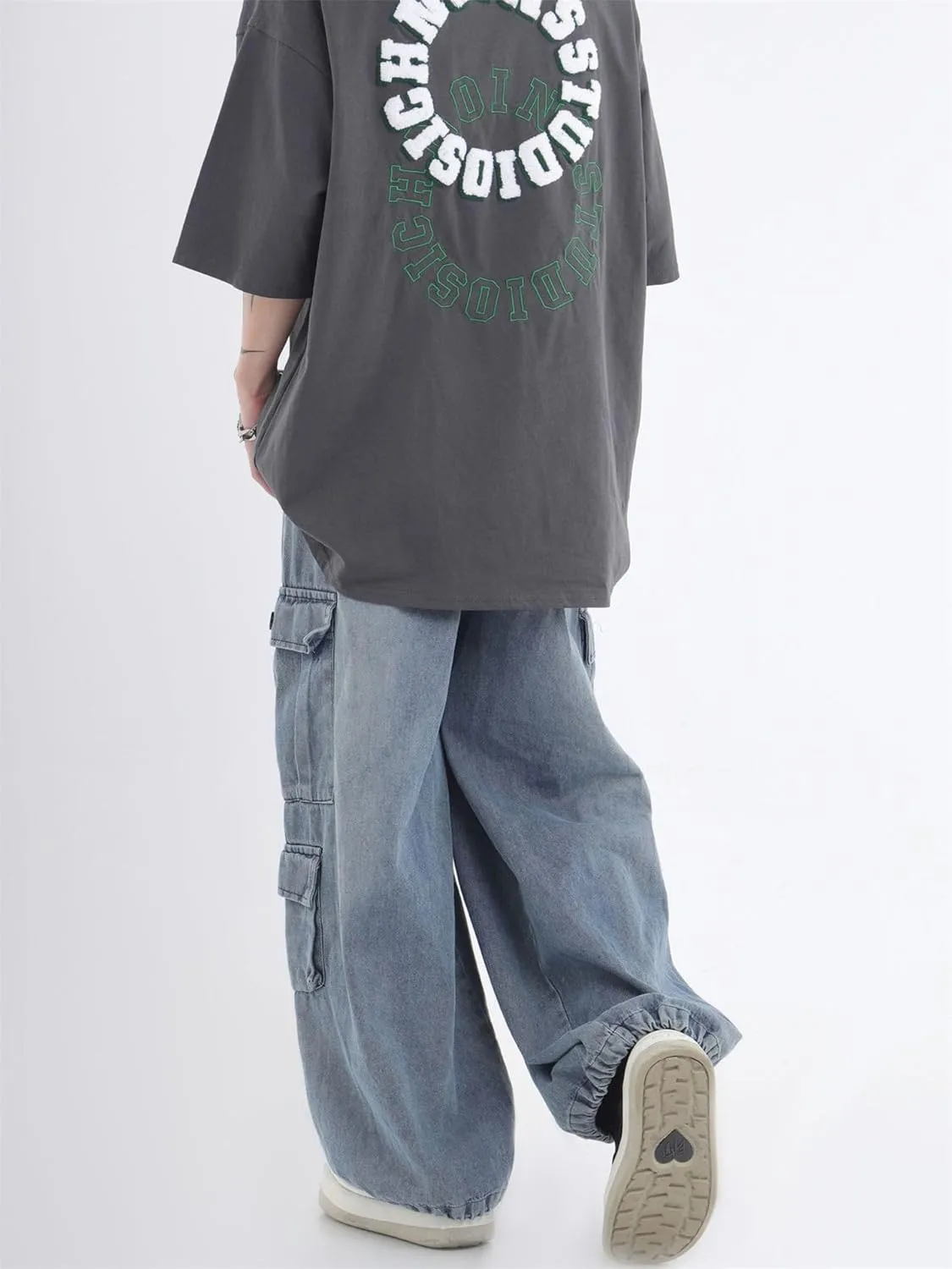 chouyatou Men's Wide Leg Baggy Denim Pants Drawstring Elastic Waist Y2k Street Cargo Jeans with Pockets