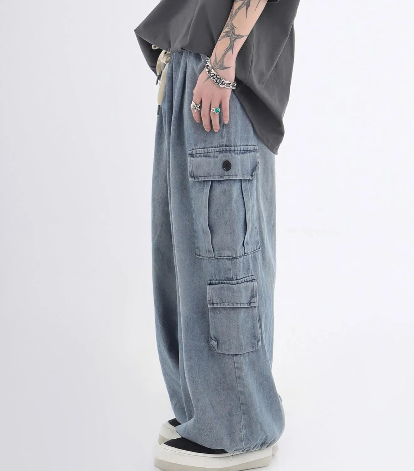 chouyatou Men's Wide Leg Baggy Denim Pants Drawstring Elastic Waist Y2k Street Cargo Jeans with Pockets