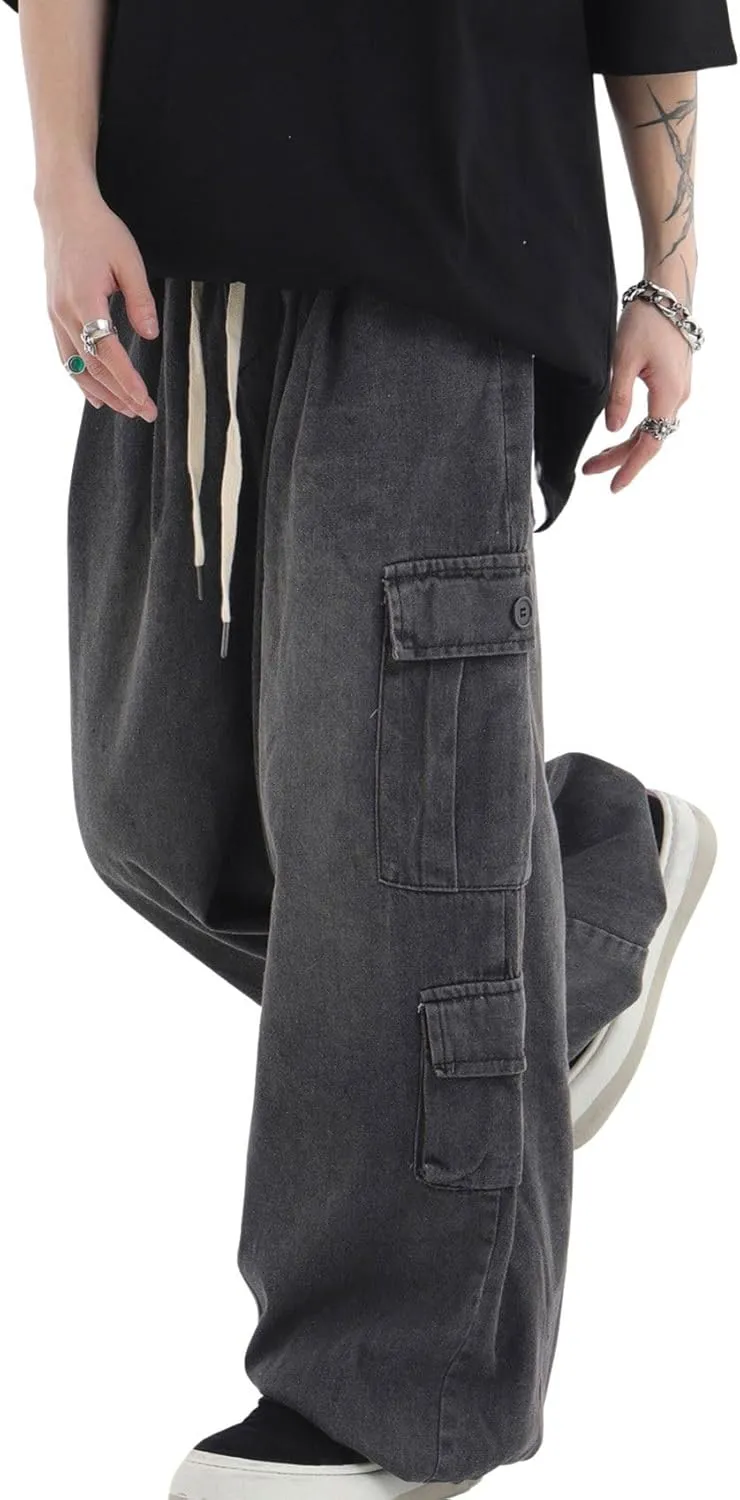 chouyatou Men's Wide Leg Baggy Denim Pants Drawstring Elastic Waist Y2k Street Cargo Jeans with Pockets