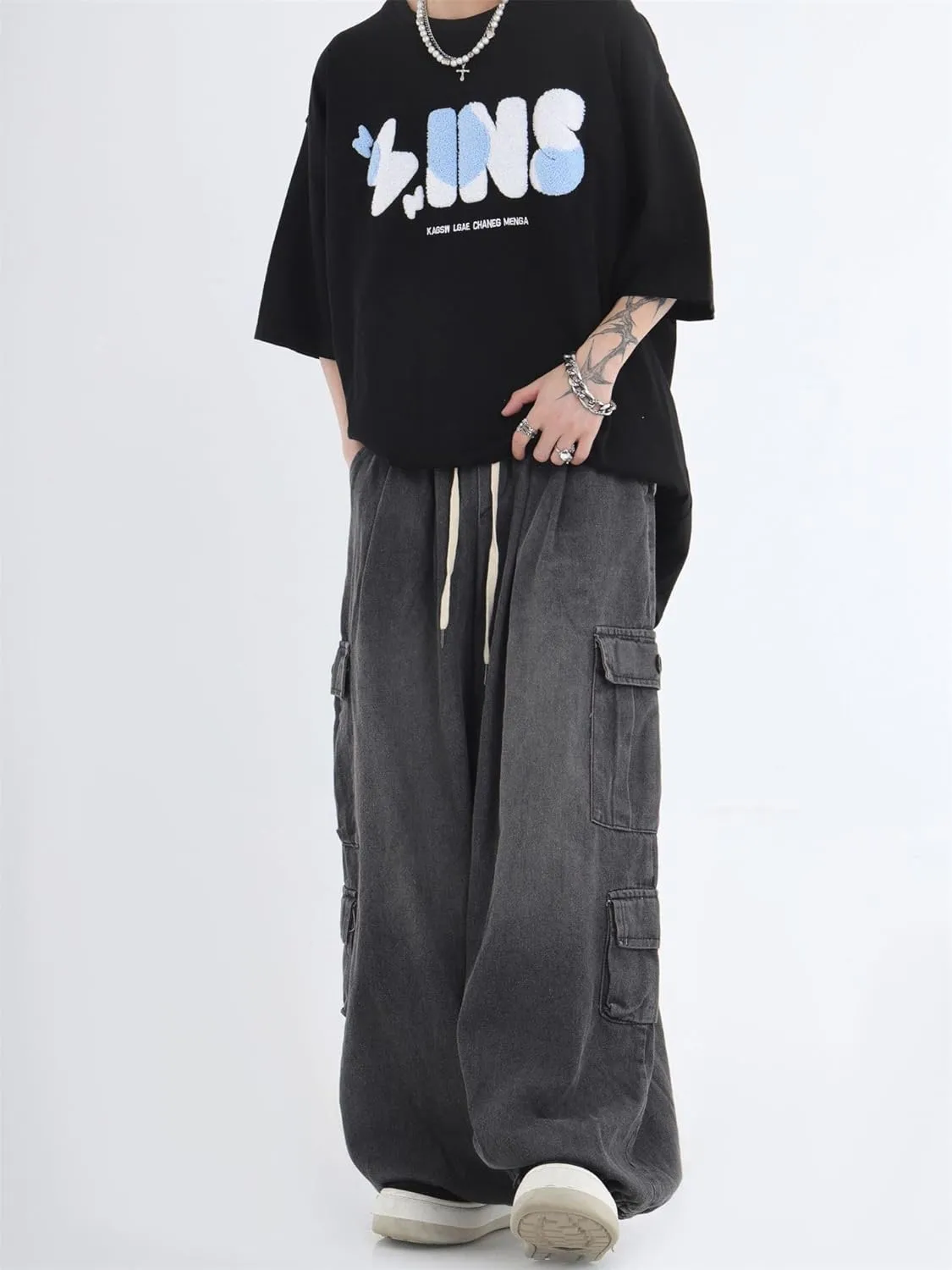 chouyatou Men's Wide Leg Baggy Denim Pants Drawstring Elastic Waist Y2k Street Cargo Jeans with Pockets