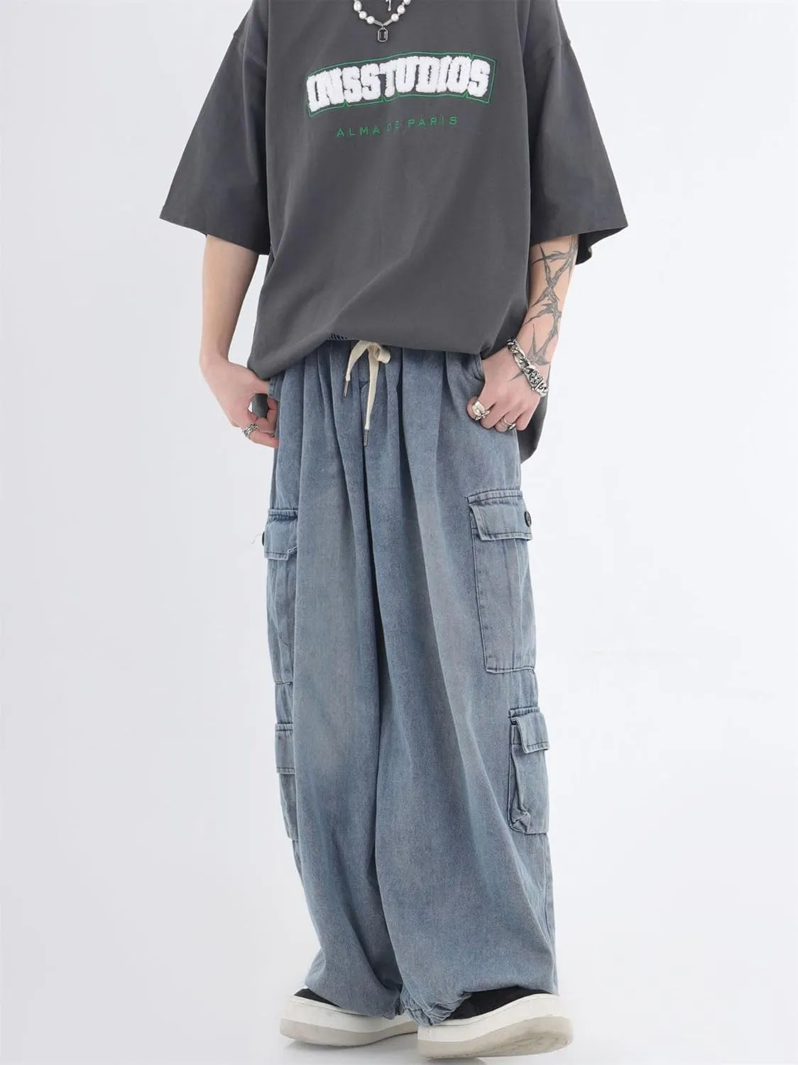 chouyatou Men's Wide Leg Baggy Denim Pants Drawstring Elastic Waist Y2k Street Cargo Jeans with Pockets