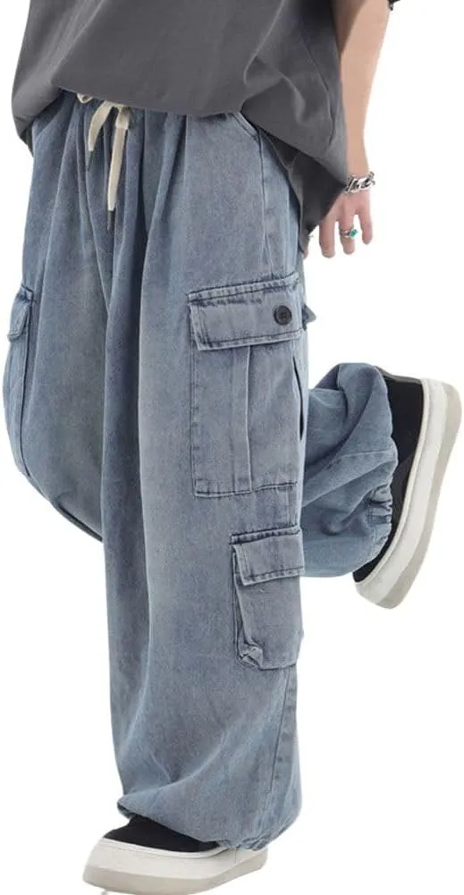 chouyatou Men's Wide Leg Baggy Denim Pants Drawstring Elastic Waist Y2k Street Cargo Jeans with Pockets
