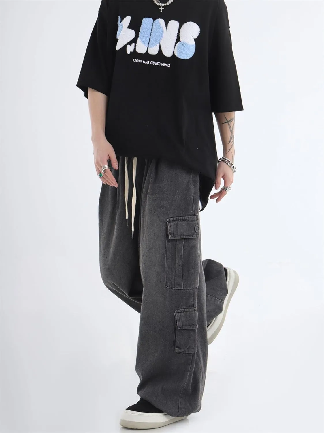 chouyatou Men's Wide Leg Baggy Denim Pants Drawstring Elastic Waist Y2k Street Cargo Jeans with Pockets
