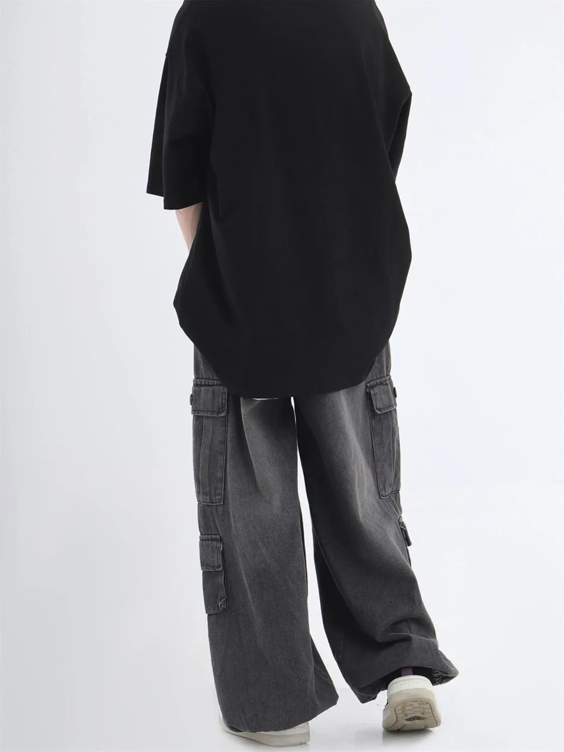 chouyatou Men's Wide Leg Baggy Denim Pants Drawstring Elastic Waist Y2k Street Cargo Jeans with Pockets