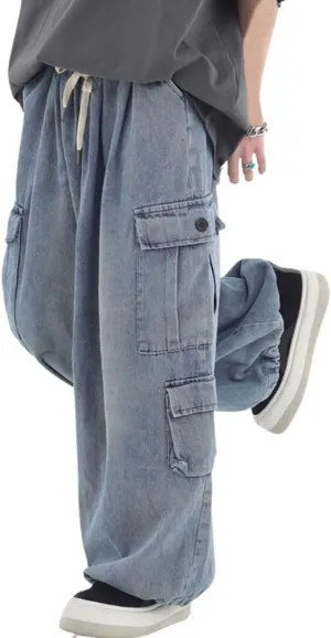 chouyatou Men's Wide Leg Baggy Denim Pants Drawstring Elastic Waist Y2k Street Cargo Jeans with Pockets