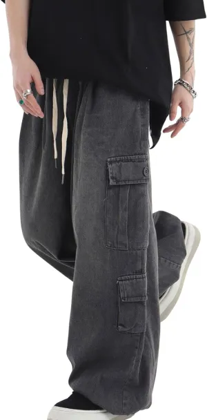 chouyatou Men's Wide Leg Baggy Denim Pants Drawstring Elastic Waist Y2k Street Cargo Jeans with Pockets