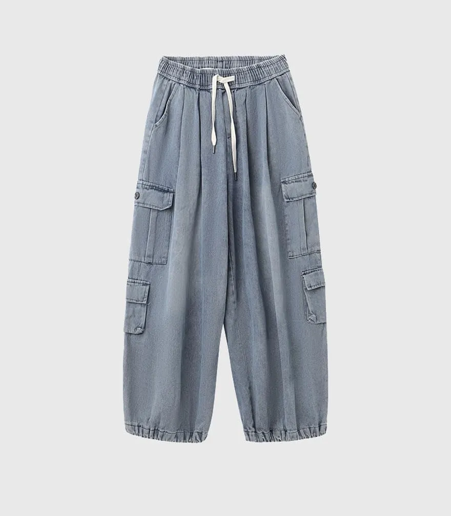 chouyatou Men's Wide Leg Baggy Denim Pants Drawstring Elastic Waist Y2k Street Cargo Jeans with Pockets