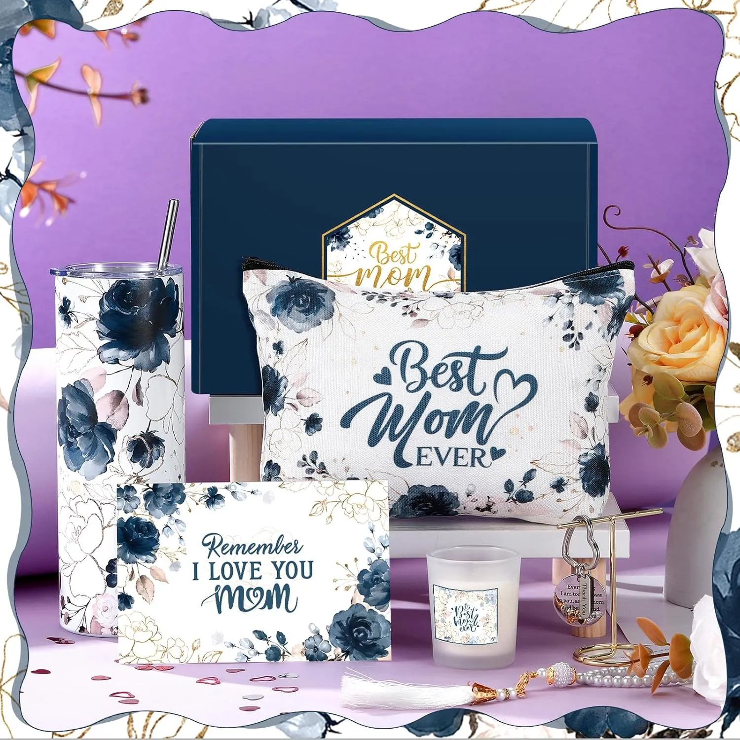 Chuangdi 6 Pcs Mother's Day Gifts Set for Mom Wife Best Mom Ever Gift Ink Floral 20oz Tumbler Cosmetic Bag Scented Candle Keychain from Son Daughter for Birthday Christmas Mother's Day (Dark Blue)