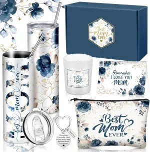 Chuangdi 6 Pcs Mother's Day Gifts Set for Mom Wife Best Mom Ever Gift Ink Floral 20oz Tumbler Cosmetic Bag Scented Candle Keychain from Son Daughter for Birthday Christmas Mother's Day (Dark Blue)
