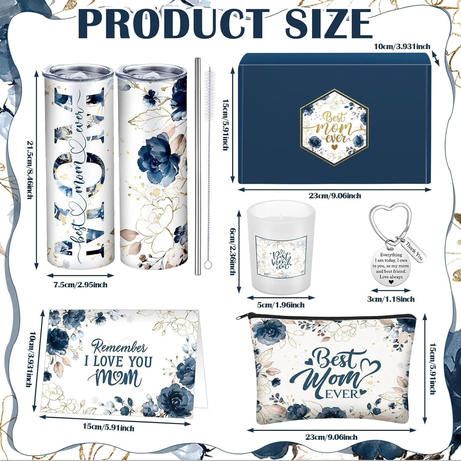 Chuangdi 6 Pcs Mother's Day Gifts Set for Mom Wife Best Mom Ever Gift Ink Floral 20oz Tumbler Cosmetic Bag Scented Candle Keychain from Son Daughter for Birthday Christmas Mother's Day (Dark Blue)