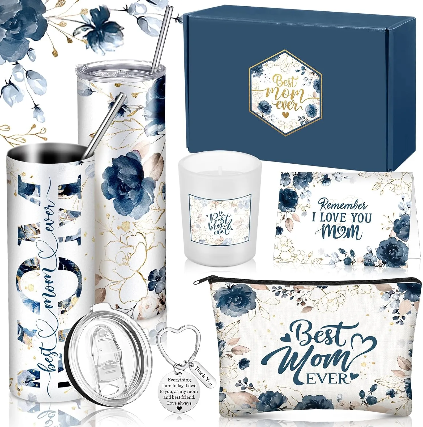 Chuangdi 6 Pcs Mother's Day Gifts Set for Mom Wife Best Mom Ever Gift Ink Floral 20oz Tumbler Cosmetic Bag Scented Candle Keychain from Son Daughter for Birthday Christmas Mother's Day (Dark Blue)