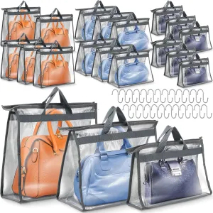 Chumia 20 Pack Dust Bags for Handbags Clear Handbag Storage Organizer, 3 Sizes Purse Storage Organizer for Closets Dust Cover Purse Protector Bag with Zipper and Handles with 25 Pcs S Shape Hooks