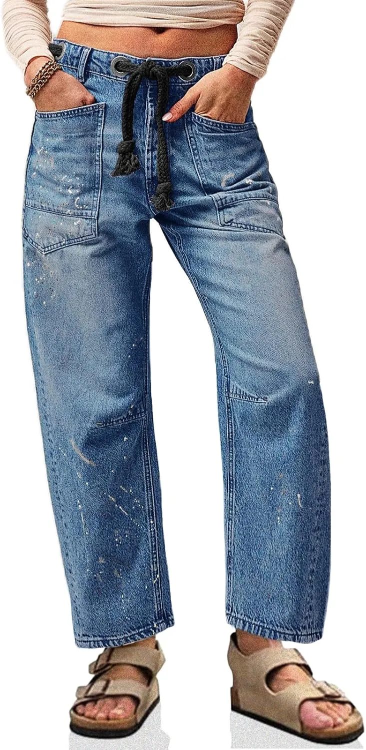 Cicy Bell Womens Baggy Barrel Horseshoe Jeans Wide Leg Drawstring Vintage Denim Pants with Front Pockets