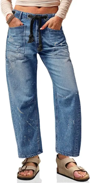 Cicy Bell Womens Baggy Barrel Horseshoe Jeans Wide Leg Drawstring Vintage Denim Pants with Front Pockets