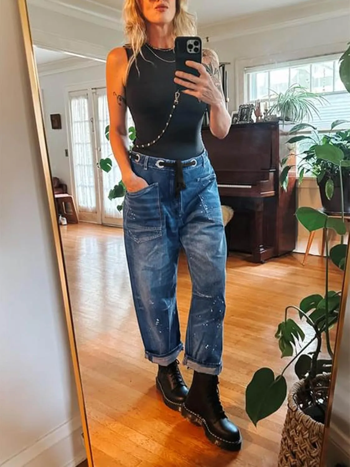 Cicy Bell Womens Baggy Barrel Horseshoe Jeans Wide Leg Drawstring Vintage Denim Pants with Front Pockets
