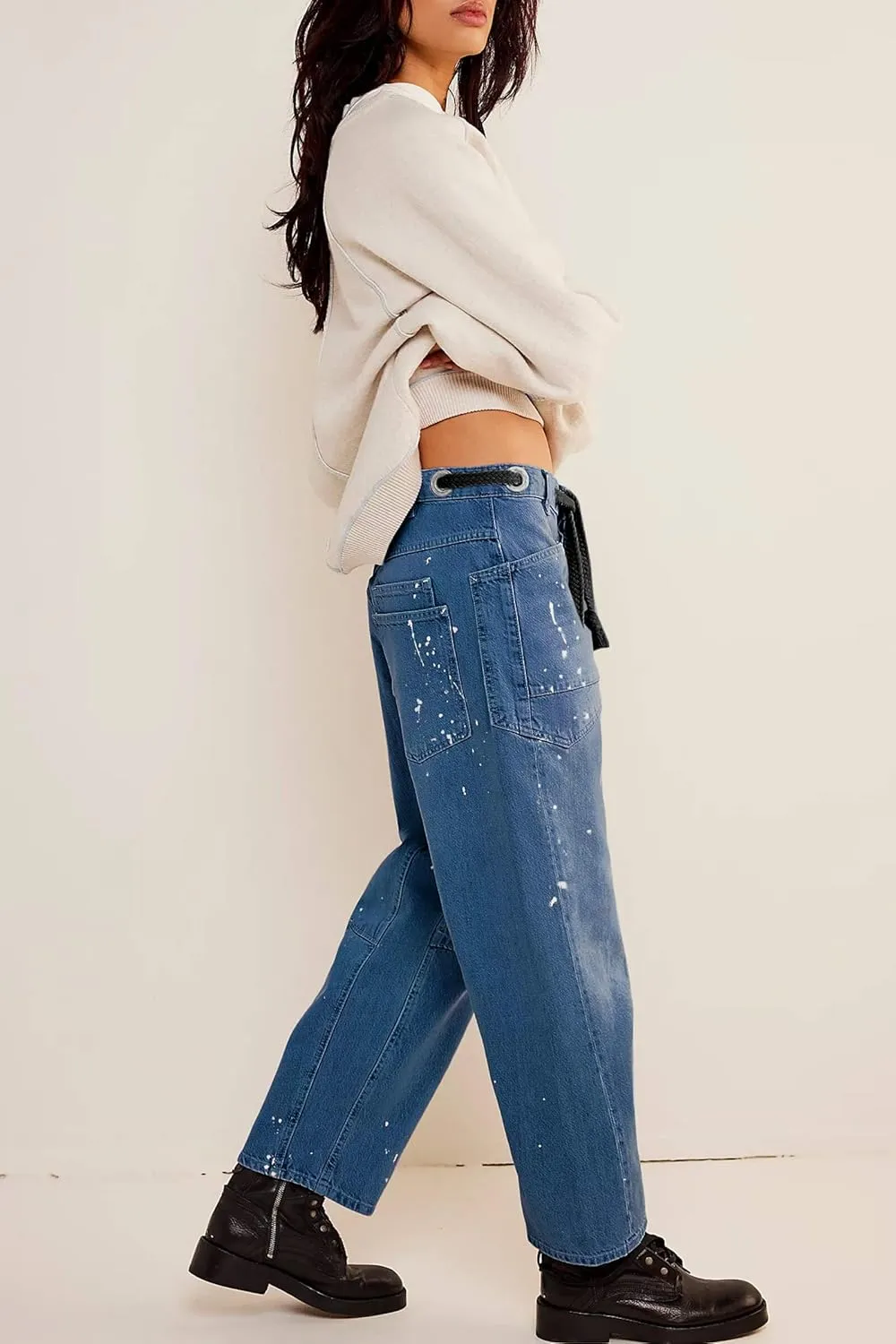 Cicy Bell Womens Baggy Barrel Horseshoe Jeans Wide Leg Drawstring Vintage Denim Pants with Front Pockets