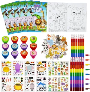 Cinrobiye 110 Pcs Jungle Safari Party Favors Bulk, Zoo World Wild Animal Party Supplies Coloring Books Stacking Crayons Stampers Goodie Bag Fillers, Safari Birthday Classroom Rewards Prizes