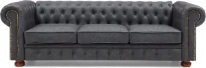Classic Chesterfield Faux Leather Sofa Couch Furniture, 88" Modern 3 Seater Round Arm with Bronze Nails Tufted Button Seat Back Vintage Sofas for Living Room (Dark Grey)