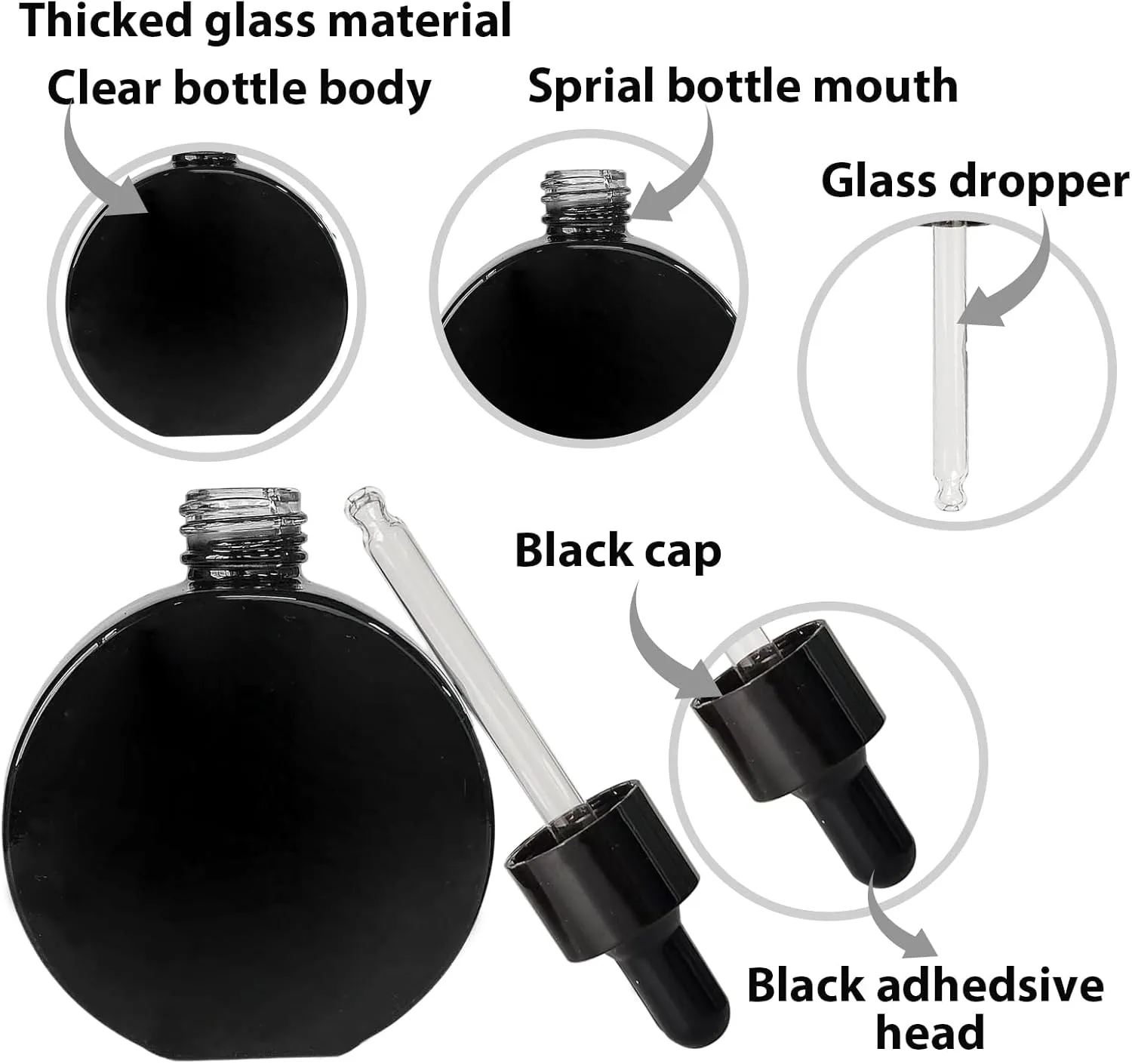Clear Dropper Bottles 2 OZ 6 Pcs Transparent Round Flat Glass Bottles with Eye Dropper, for Perfume Serums Hair Oils and other liquids (Black, 2 OZ)