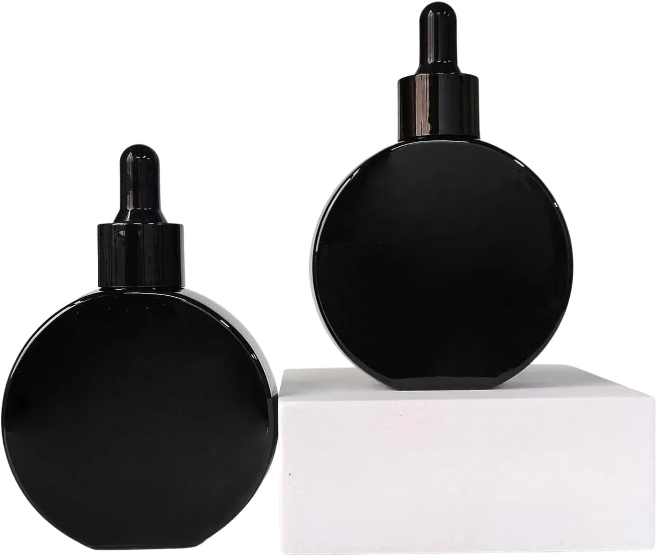 Clear Dropper Bottles 2 OZ 6 Pcs Transparent Round Flat Glass Bottles with Eye Dropper, for Perfume Serums Hair Oils and other liquids (Black, 2 OZ)