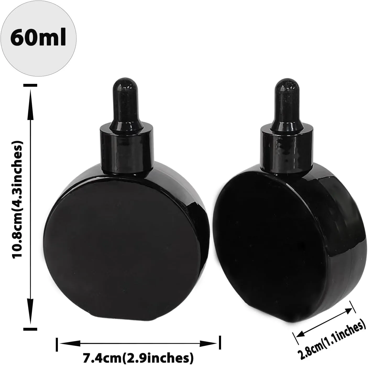 Clear Dropper Bottles 2 OZ 6 Pcs Transparent Round Flat Glass Bottles with Eye Dropper, for Perfume Serums Hair Oils and other liquids (Black, 2 OZ)
