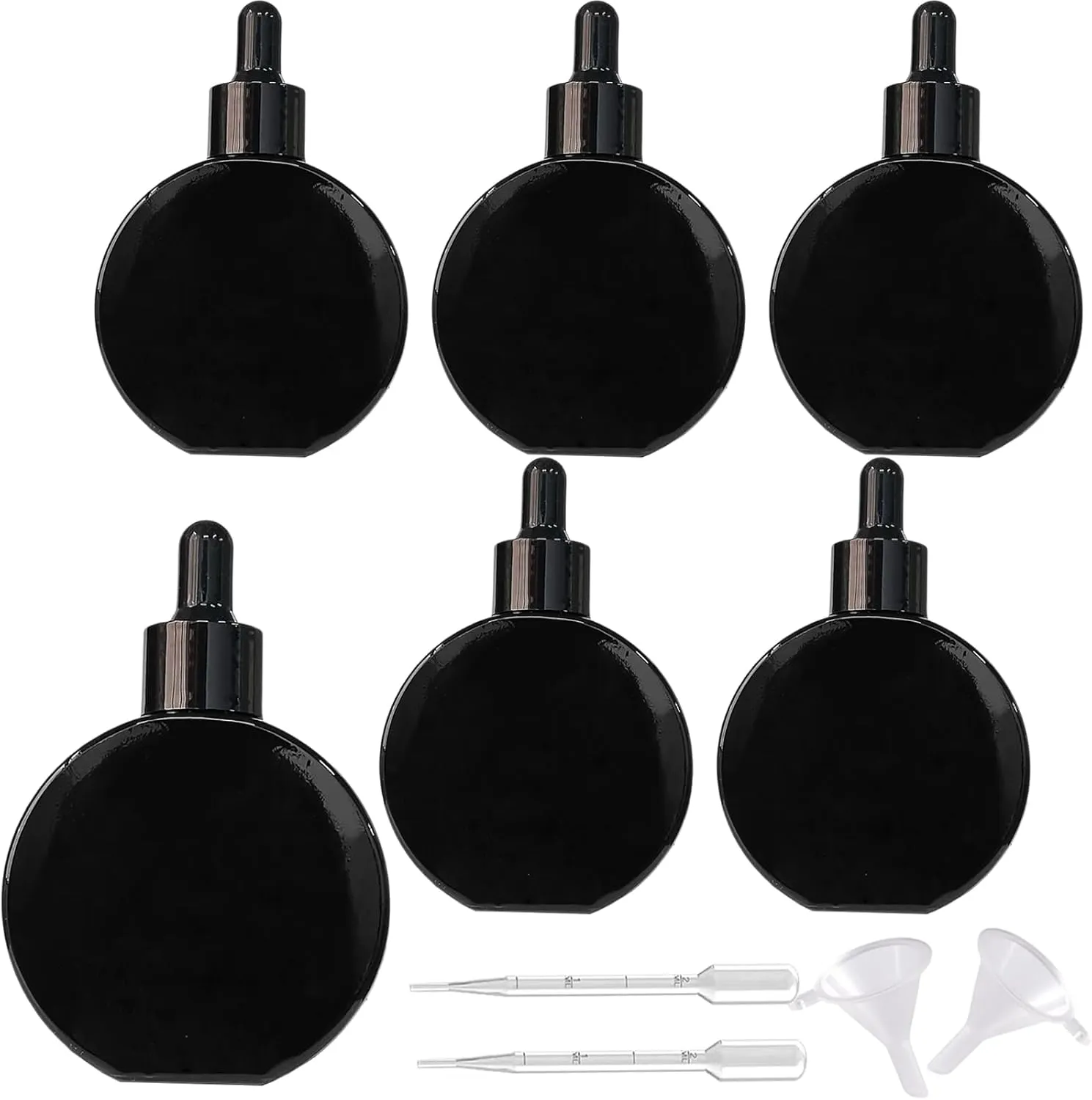 Clear Dropper Bottles 2 OZ 6 Pcs Transparent Round Flat Glass Bottles with Eye Dropper, for Perfume Serums Hair Oils and other liquids (Black, 2 OZ)