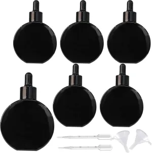Clear Dropper Bottles 2 OZ 6 Pcs Transparent Round Flat Glass Bottles with Eye Dropper, for Perfume Serums Hair Oils and other liquids (Black, 2 OZ)