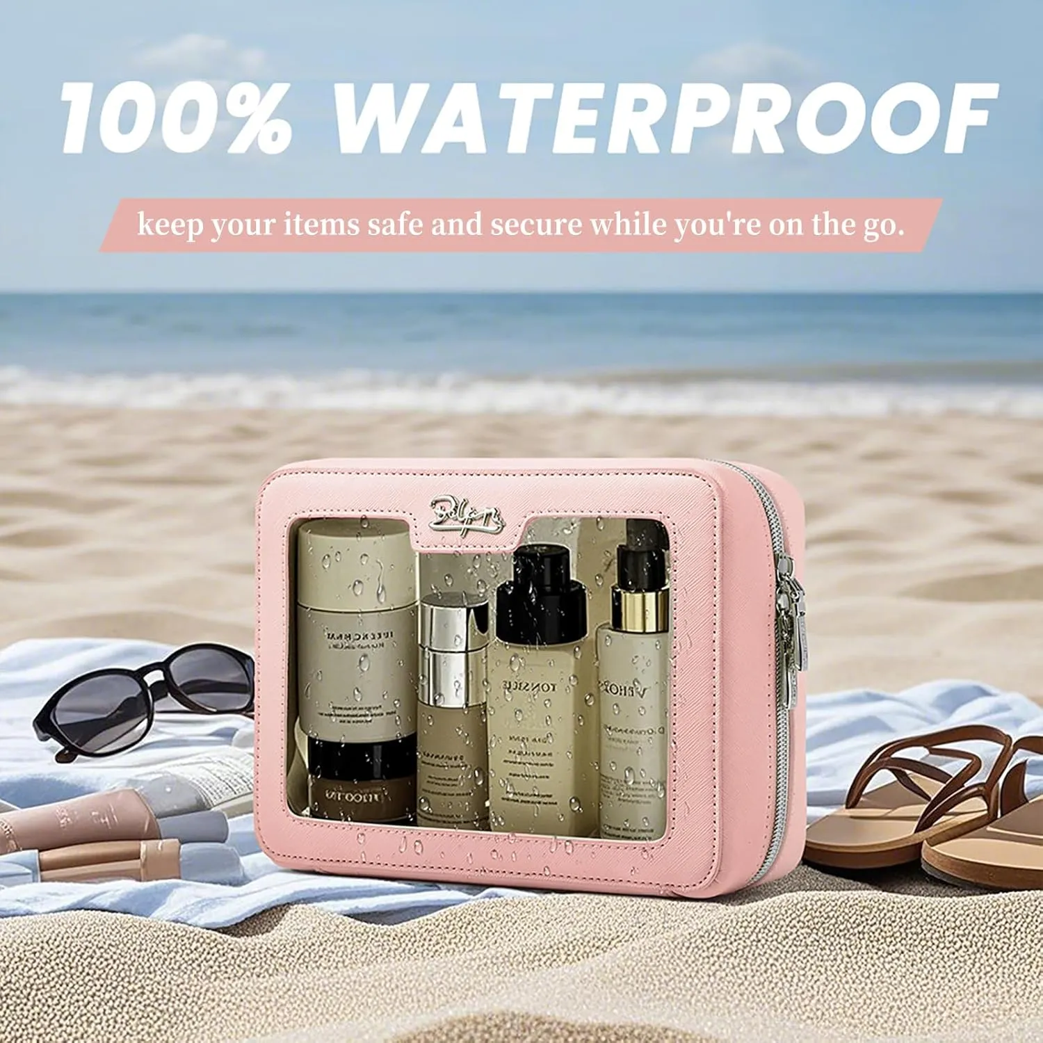 Clear Makeup Bag Cosmetic Case: Small Make up Bags for Purse - TSA approved Toiletry Bag for Women - Waterproof Travel Pouch with Zipper - Cute Makeup Organizer Skincare Bag for Car (Standard, Pink)