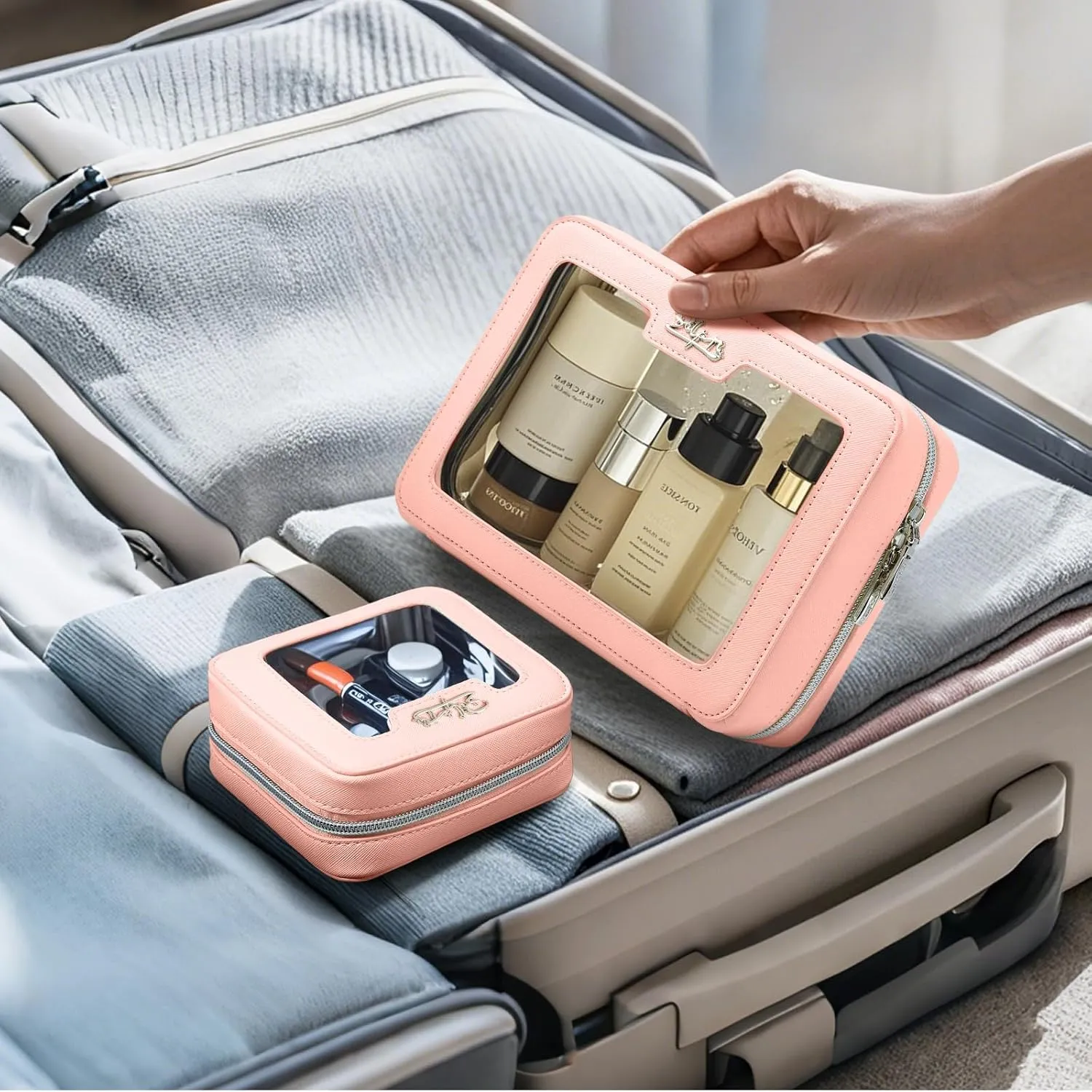 Clear Makeup Bag Cosmetic Case: Small Make up Bags for Purse - TSA approved Toiletry Bag for Women - Waterproof Travel Pouch with Zipper - Cute Makeup Organizer Skincare Bag for Car (Standard, Pink)