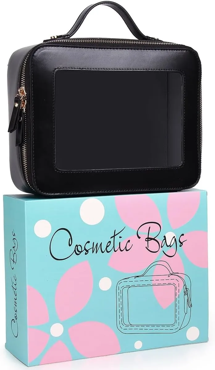 Clear Makeup Bag for Women Waterproof Travel Cosmetics and Toiletries Case Portable Makeup Oaganizer Bag Clear Car Bag with Zipper (Black, M L-1)