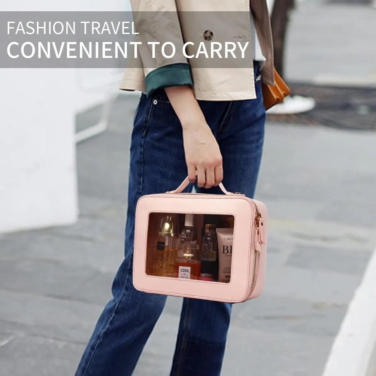 Clear Makeup Bag for Women Waterproof Travel Cosmetics and Toiletries Case Portable Makeup Oaganizer Bag Clear Car Bag with Zipper (Pink, M L-1)