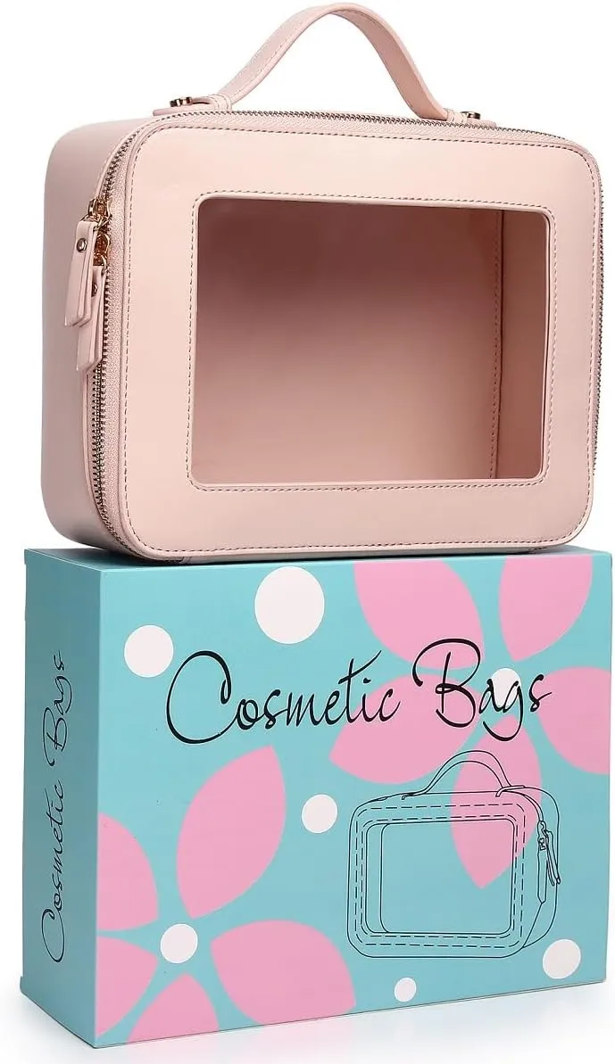 Clear Makeup Bag for Women Waterproof Travel Cosmetics and Toiletries Case Portable Makeup Oaganizer Bag Clear Car Bag with Zipper (Pink, M L-1)