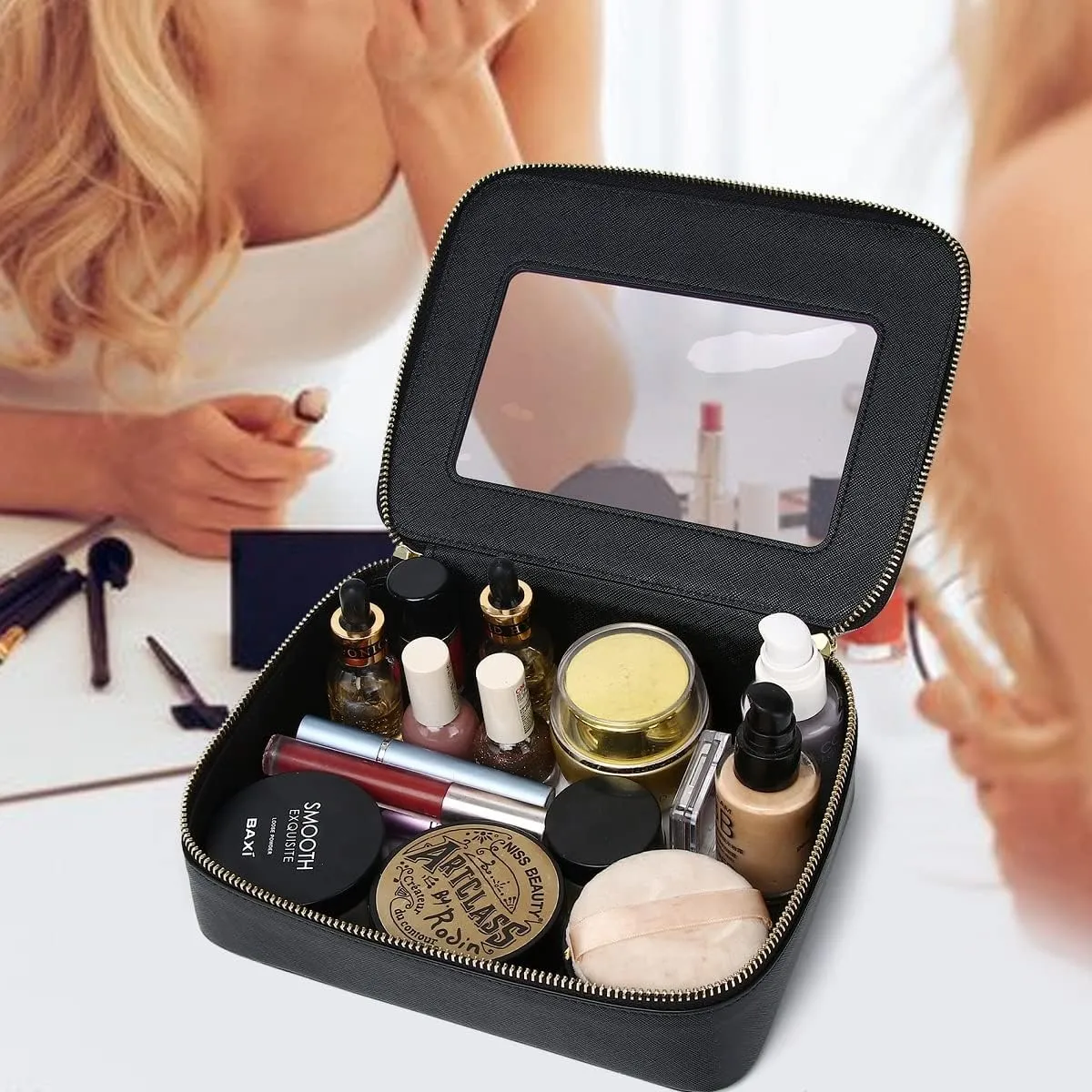 Clear Makeup Bag for Women Waterproof Travel Makeup Case Portable Cosmetic Case Toiletry Bag Car Organizer with Zipper (Black, L)