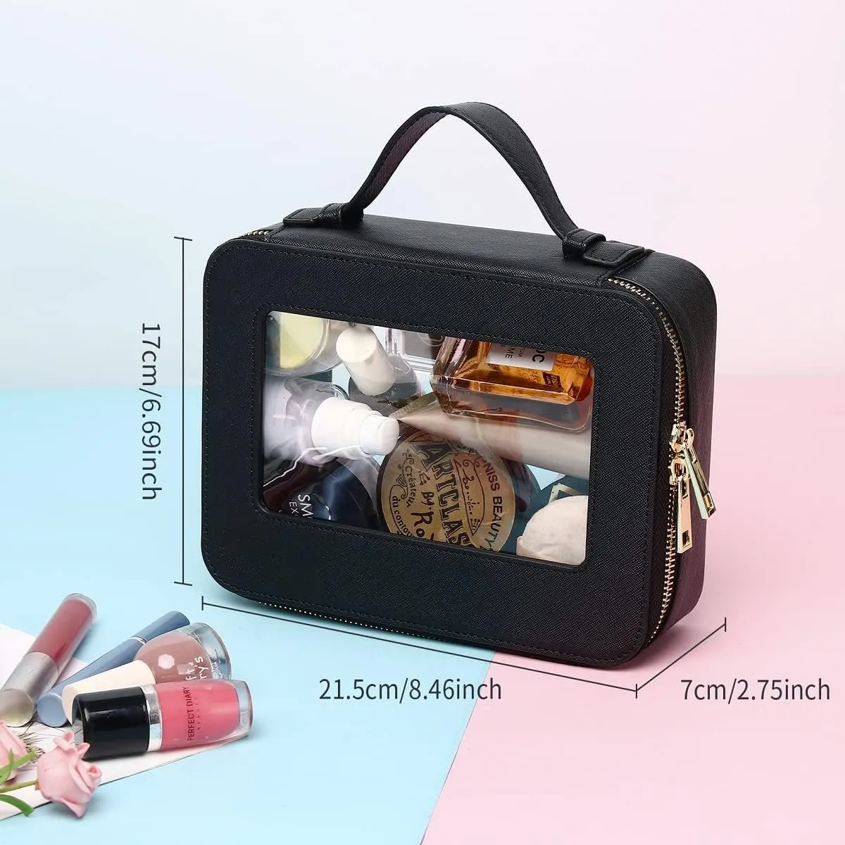 Clear Makeup Bag for Women Waterproof Travel Makeup Case Portable Cosmetic Case Toiletry Bag Car Organizer with Zipper (Black, L)